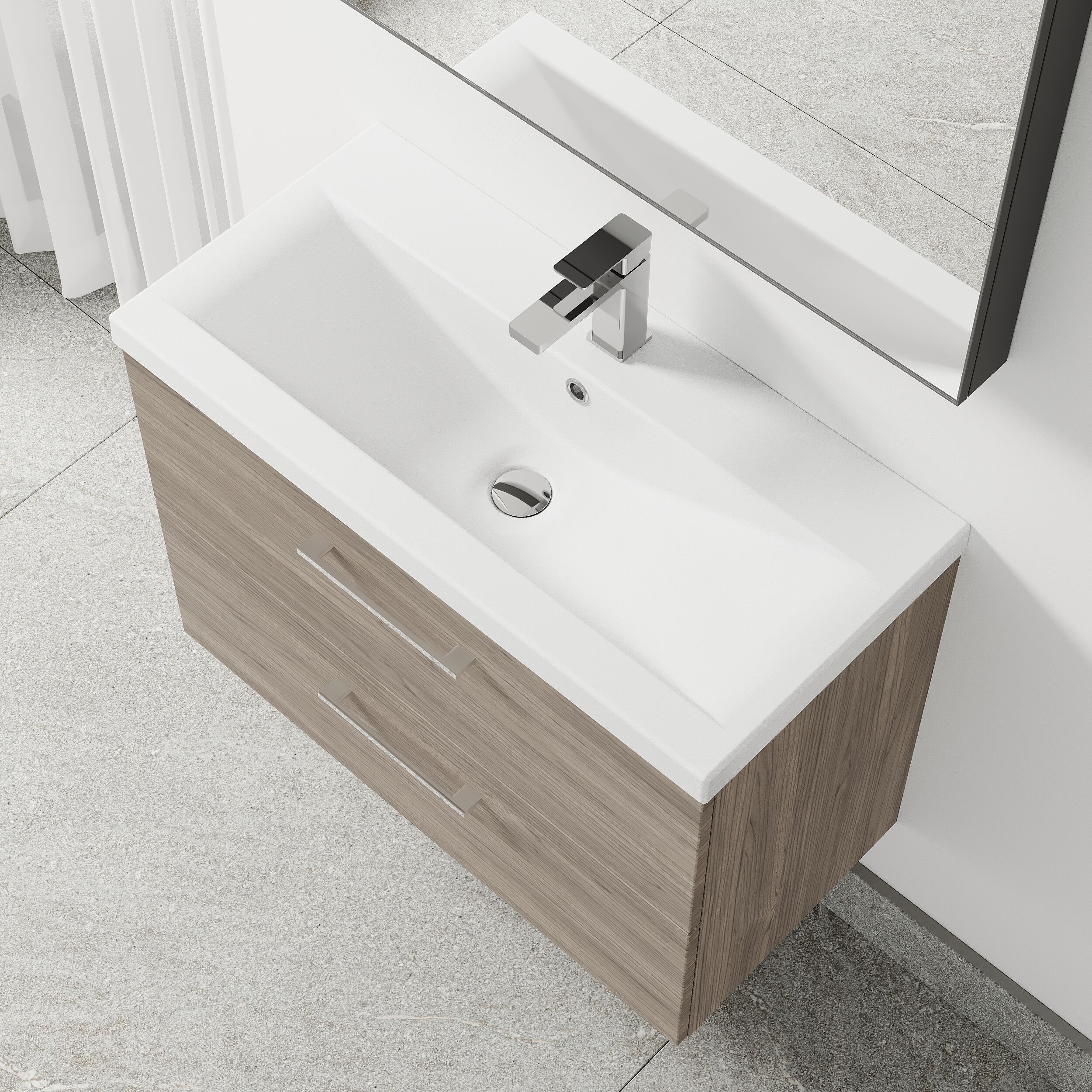 Wall Hung 2 Drawer Vanity Unit with Mid-Edge Ceramic Basin - Choice of Colour, Handle Finish and Size - Image 101