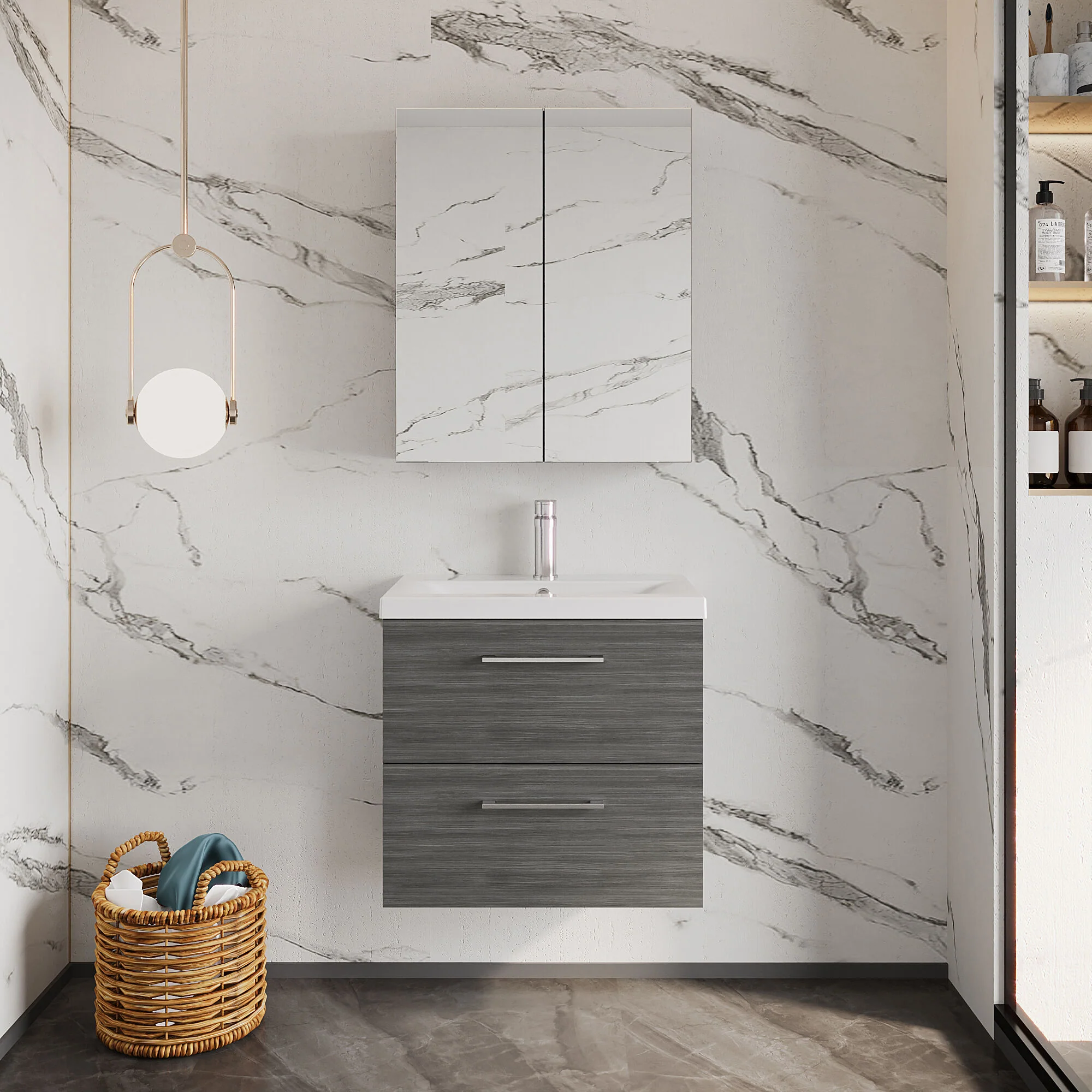 Wall Hung 2 Drawer Vanity Unit with Mid-Edge Ceramic Basin - Choice of Colour, Handle Finish and Size - Image 110