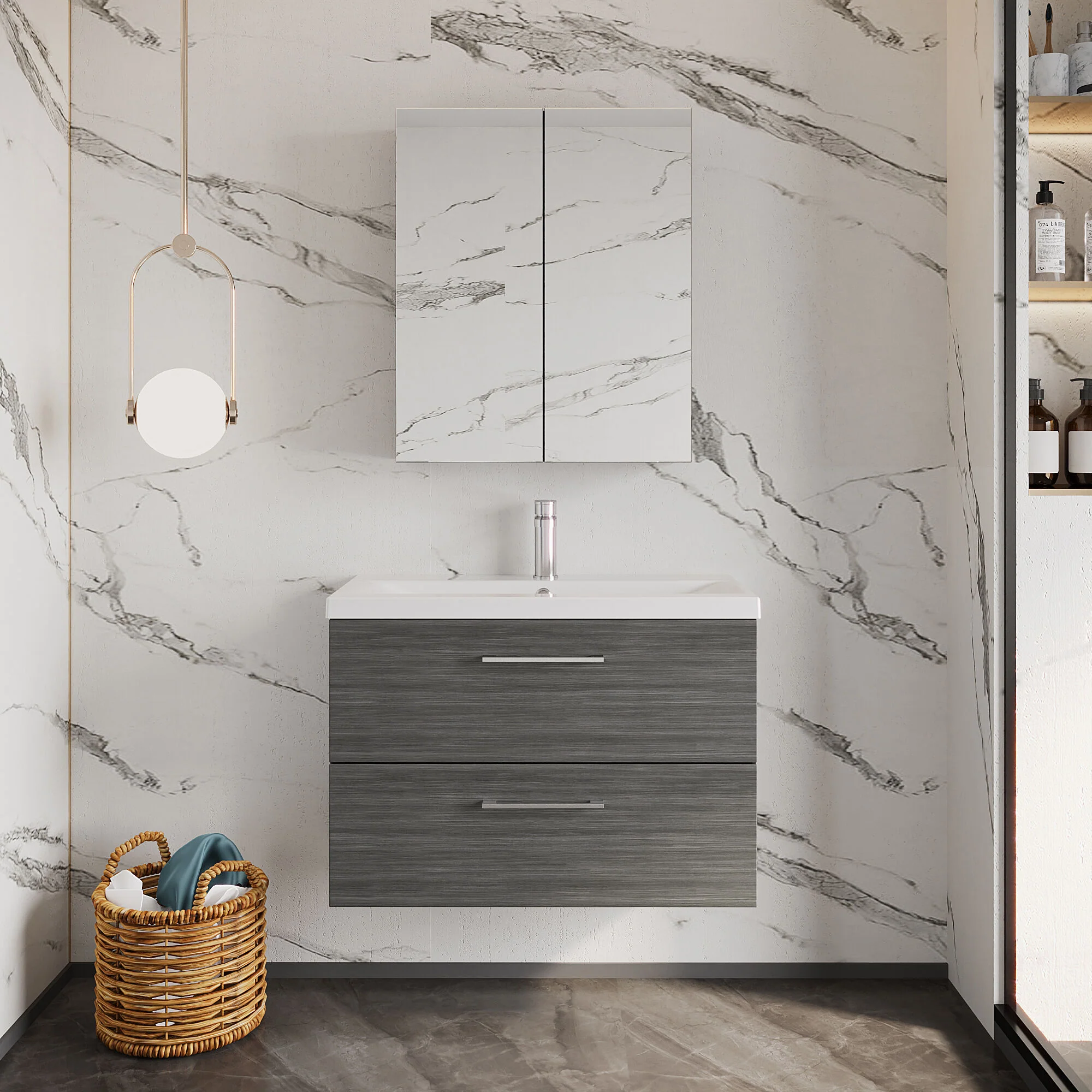 Wall Hung 2 Drawer Vanity Unit with Mid-Edge Ceramic Basin - Choice of Colour, Handle Finish and Size - Image 125