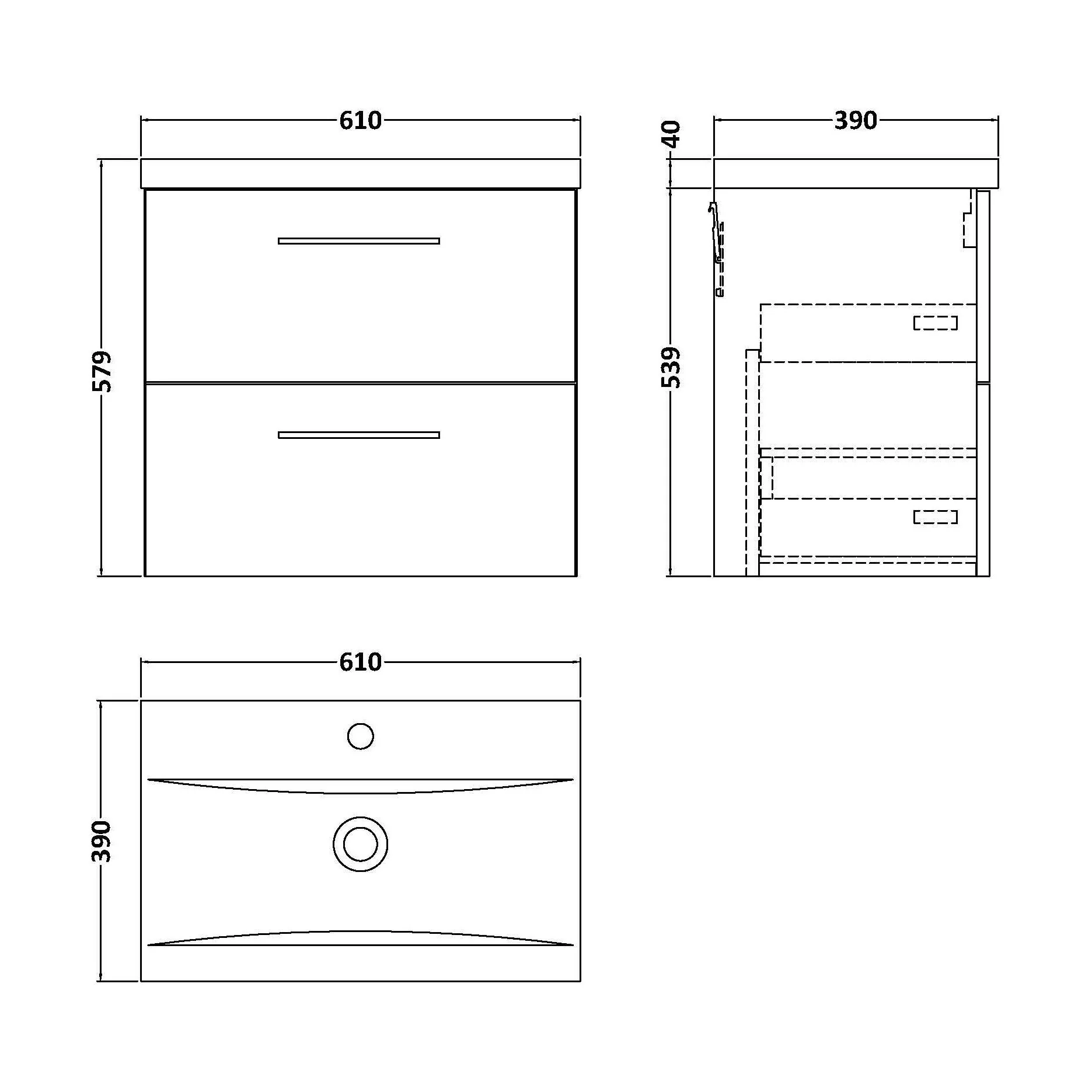 Wall Hung 2 Drawer Vanity Unit with Mid-Edge Ceramic Basin - Choice of Colour, Handle Finish and Size - Image 13