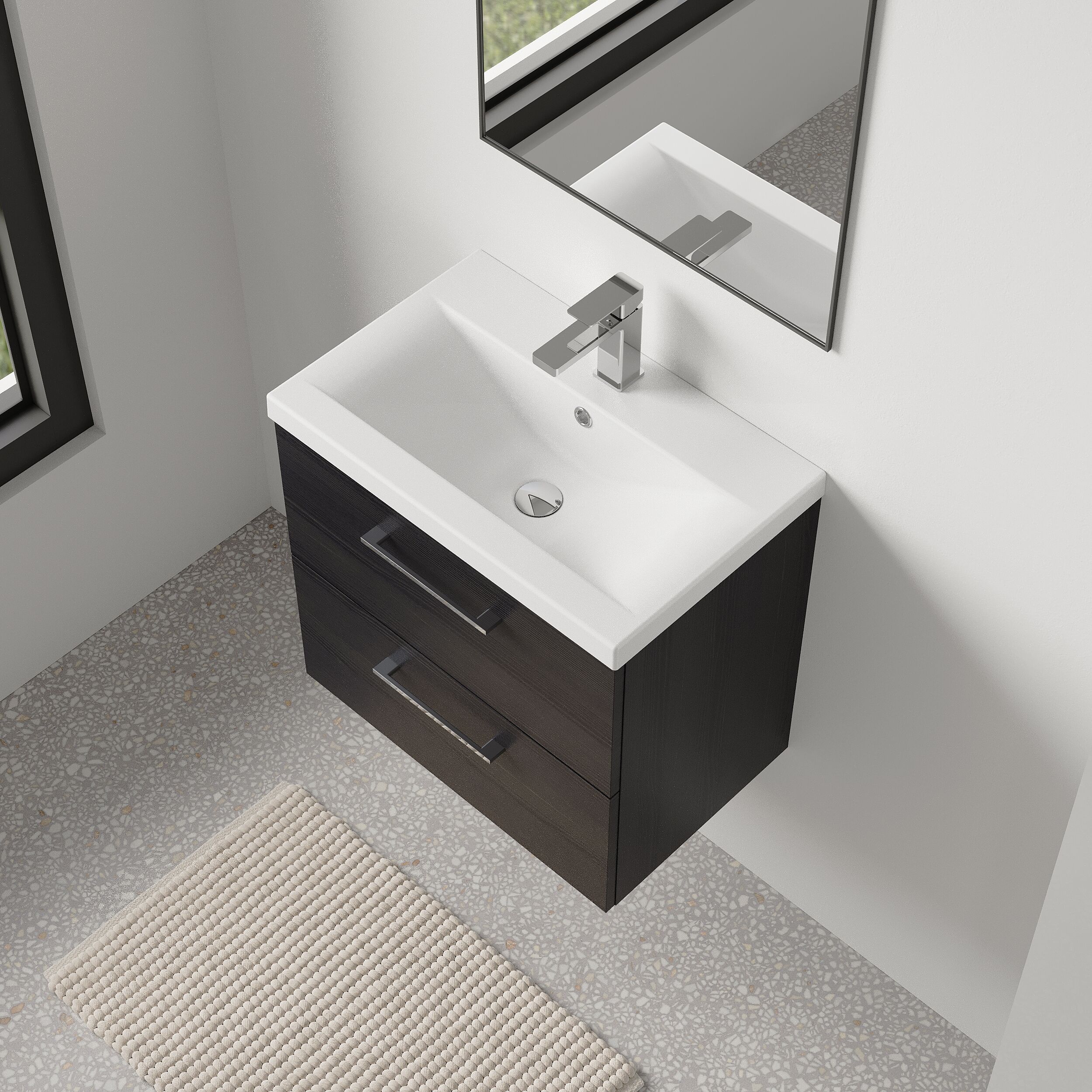 Wall Hung 2 Drawer Vanity Unit with Mid-Edge Ceramic Basin - Choice of Colour, Handle Finish and Size - Image 141