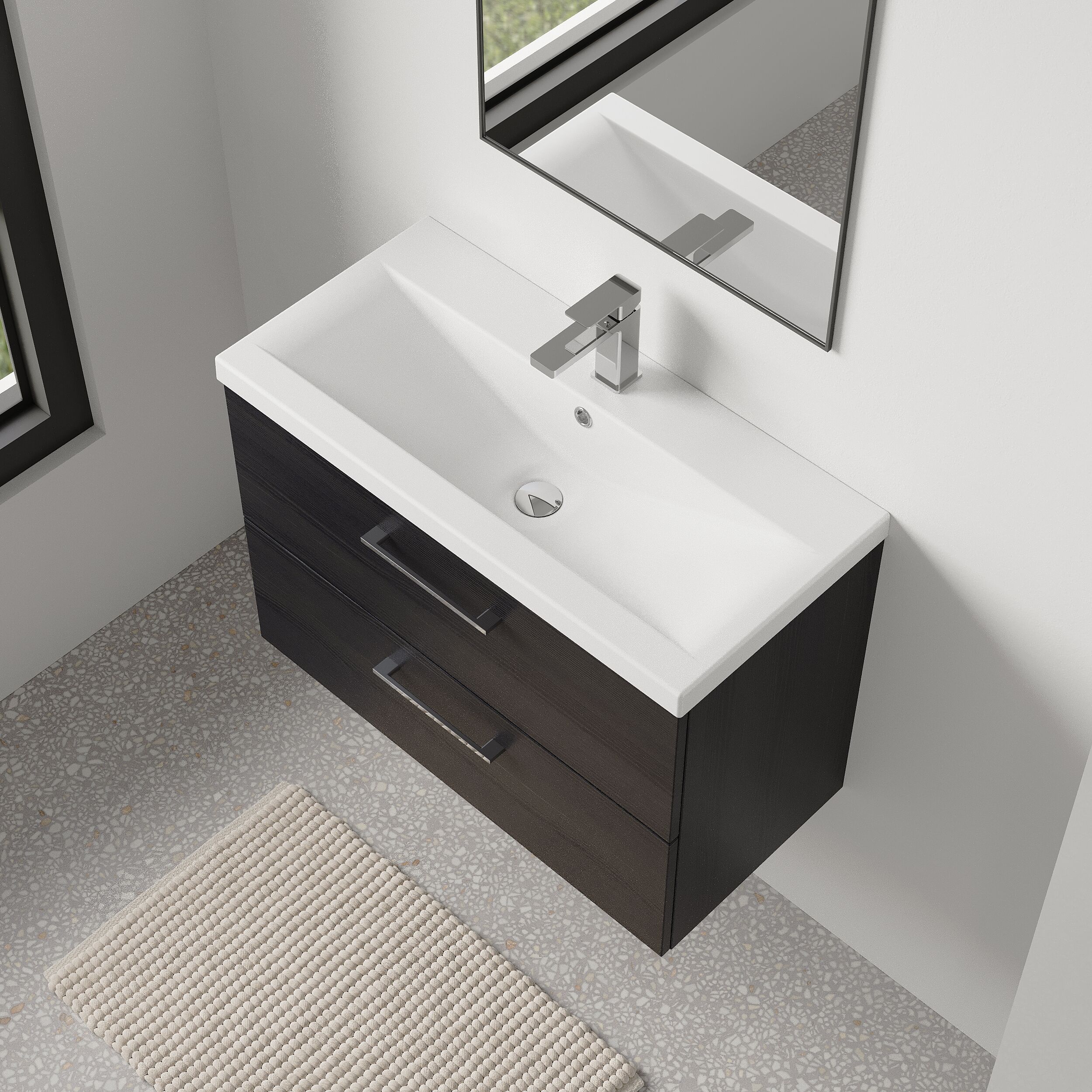 Wall Hung 2 Drawer Vanity Unit with Mid-Edge Ceramic Basin - Choice of Colour, Handle Finish and Size - Image 156