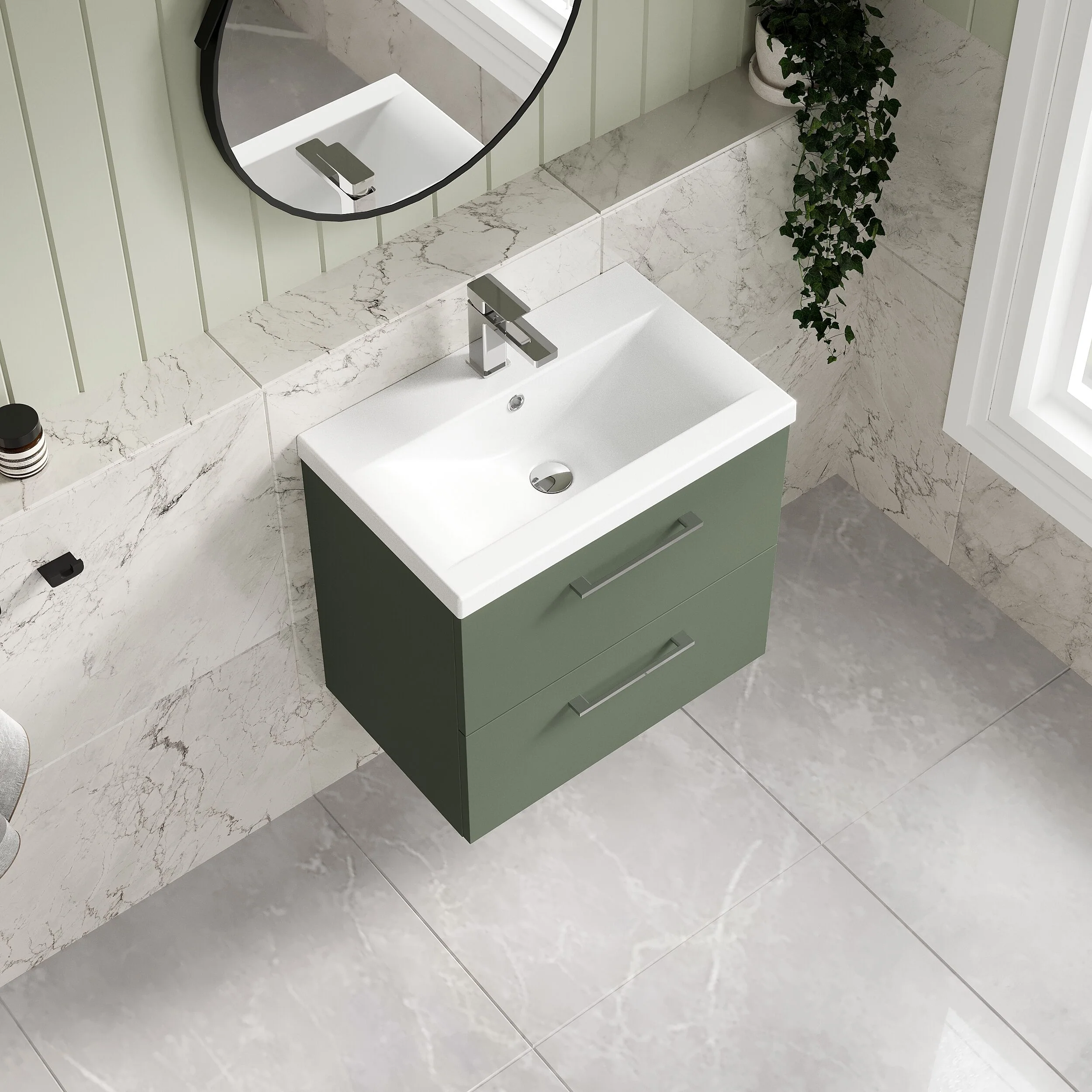 Wall Hung 2 Drawer Vanity Unit with Mid-Edge Ceramic Basin - Choice of Colour, Handle Finish and Size - Image 171