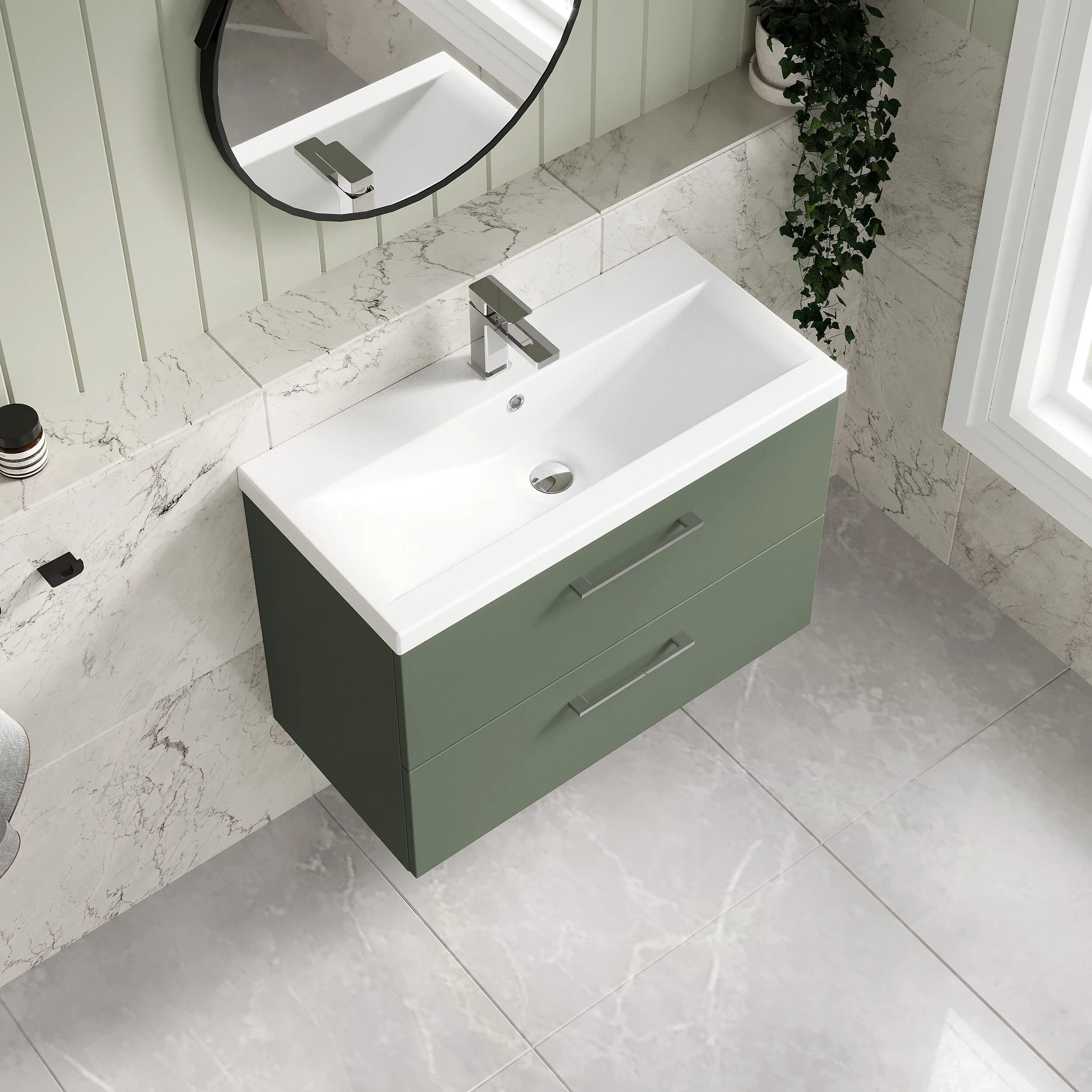 Wall Hung 2 Drawer Vanity Unit with Mid-Edge Ceramic Basin - Choice of Colour, Handle Finish and Size - Image 186
