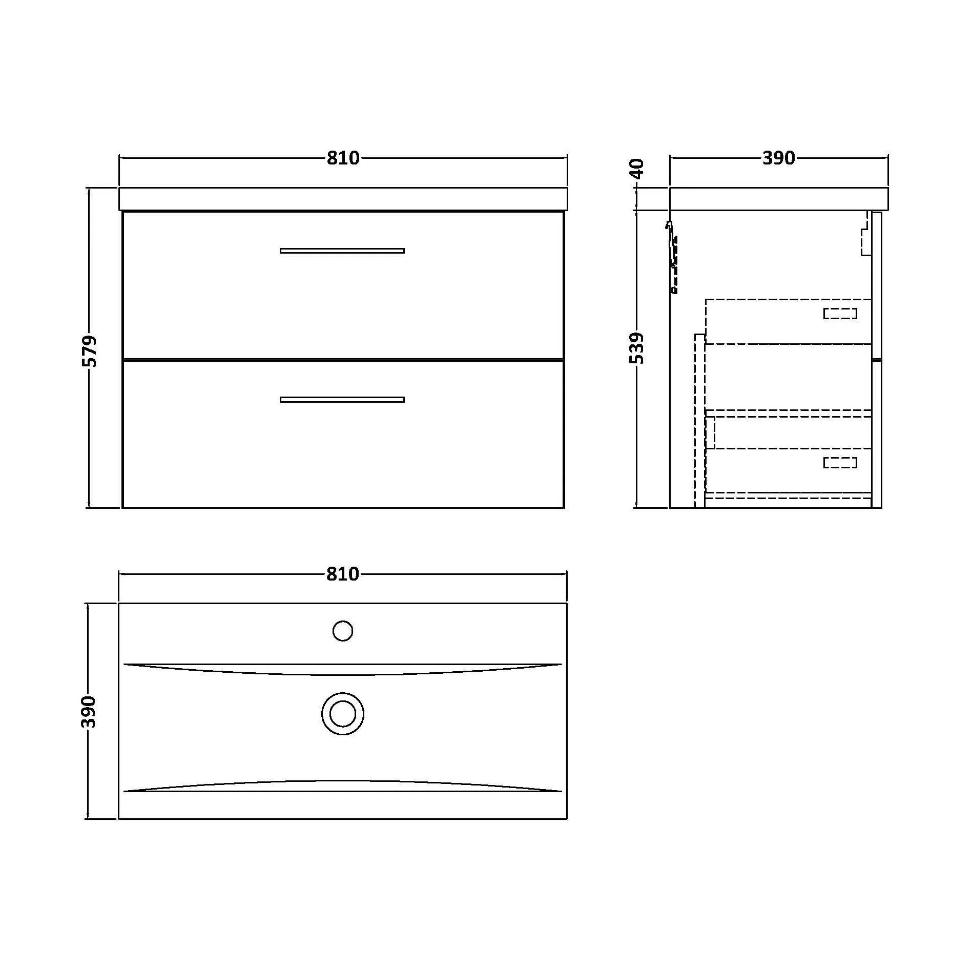Wall Hung 2 Drawer Vanity Unit with Mid-Edge Ceramic Basin - Choice of Colour, Handle Finish and Size - Image 22