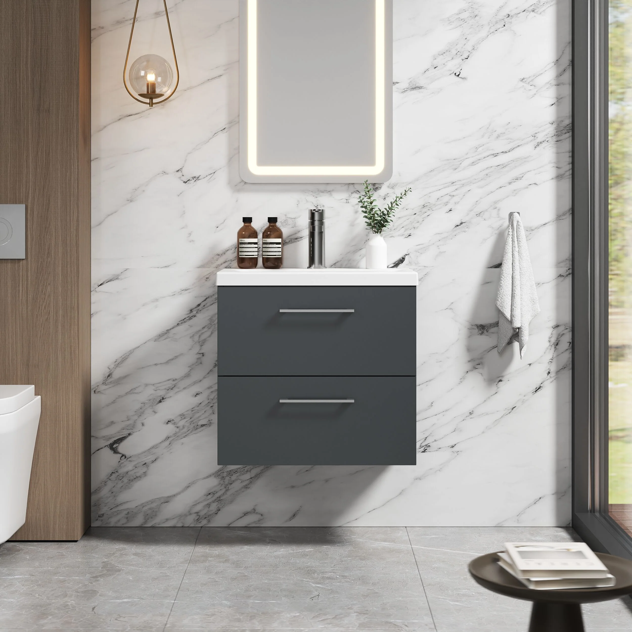 Wall Hung 2 Drawer Vanity Unit with Mid-Edge Ceramic Basin - Choice of Colour, Handle Finish and Size - Image 32