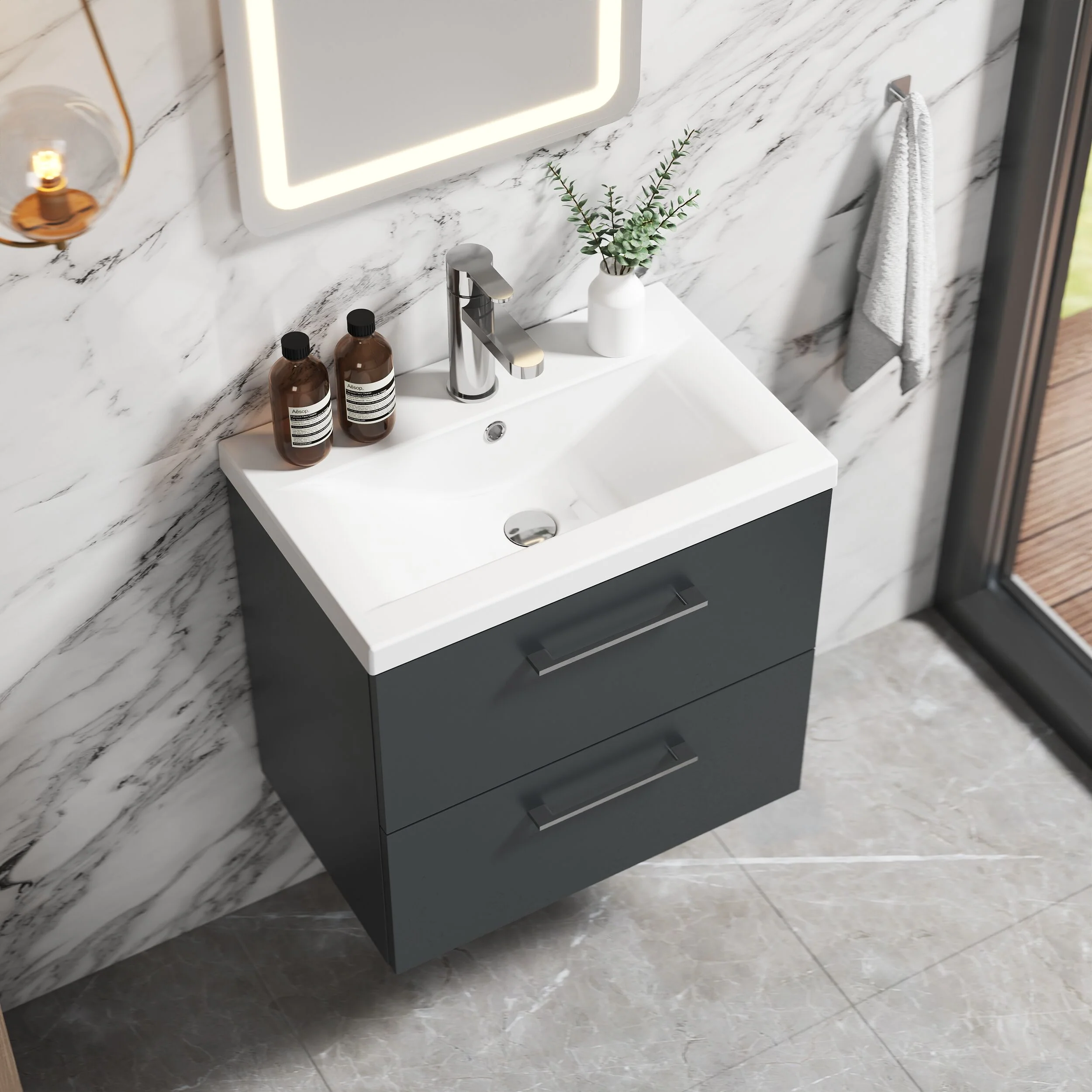 Wall Hung 2 Drawer Vanity Unit with Mid-Edge Ceramic Basin - Choice of Colour, Handle Finish and Size - Image 33