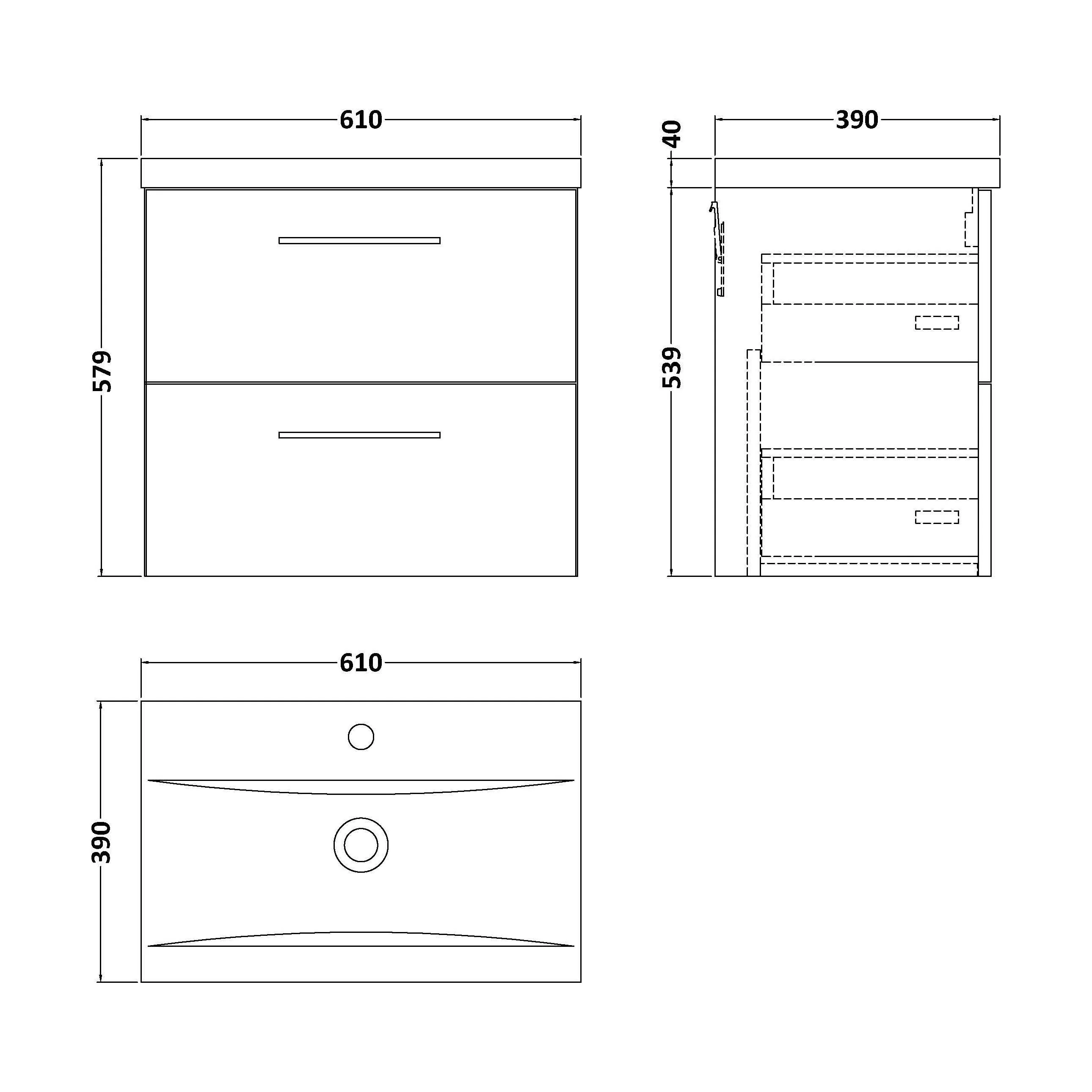 Wall Hung 2 Drawer Vanity Unit with Mid-Edge Ceramic Basin - Choice of Colour, Handle Finish and Size - Image 43