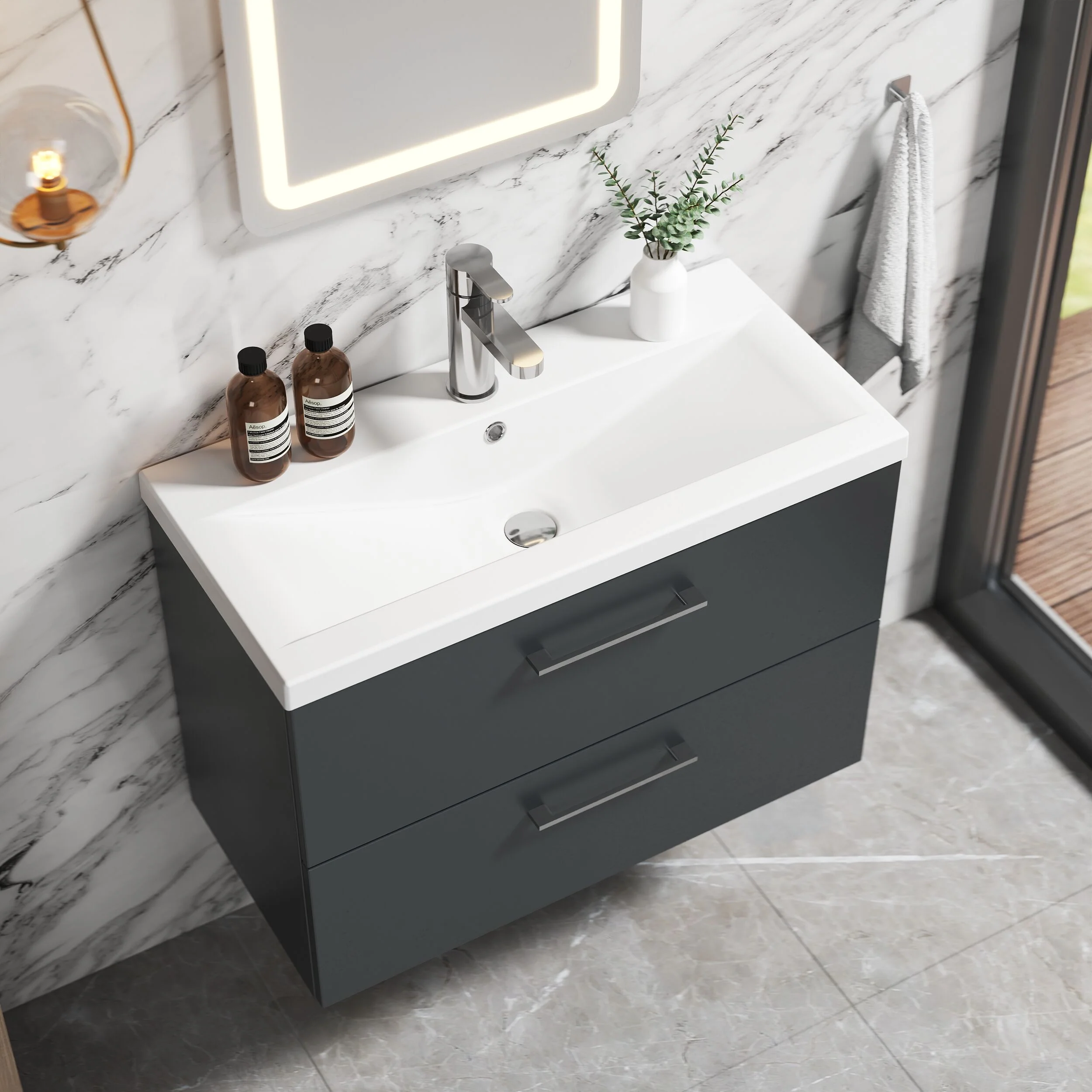 Wall Hung 2 Drawer Vanity Unit with Mid-Edge Ceramic Basin - Choice of Colour, Handle Finish and Size - Image 48