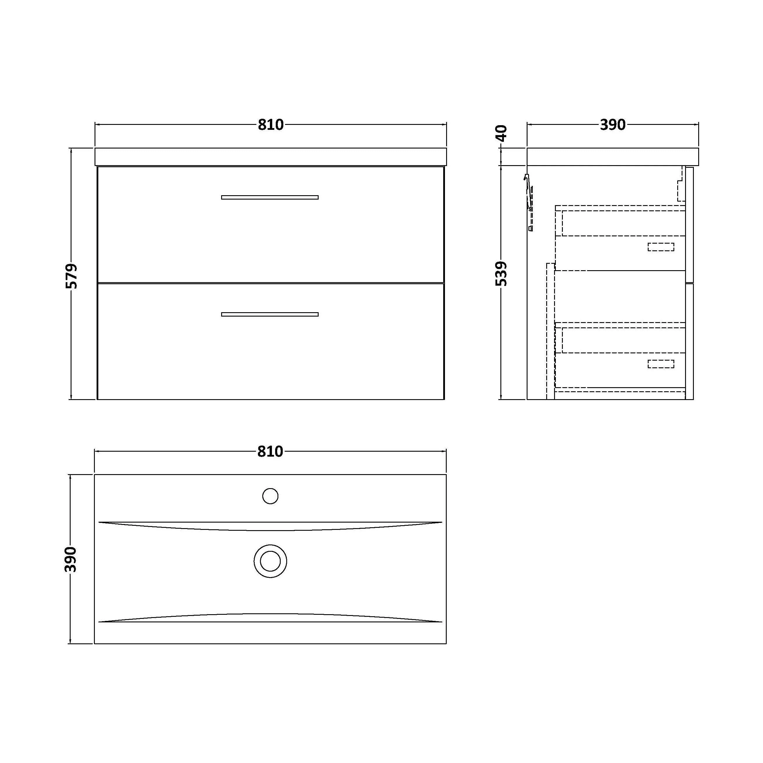 Wall Hung 2 Drawer Vanity Unit with Mid-Edge Ceramic Basin - Choice of Colour, Handle Finish and Size - Image 56