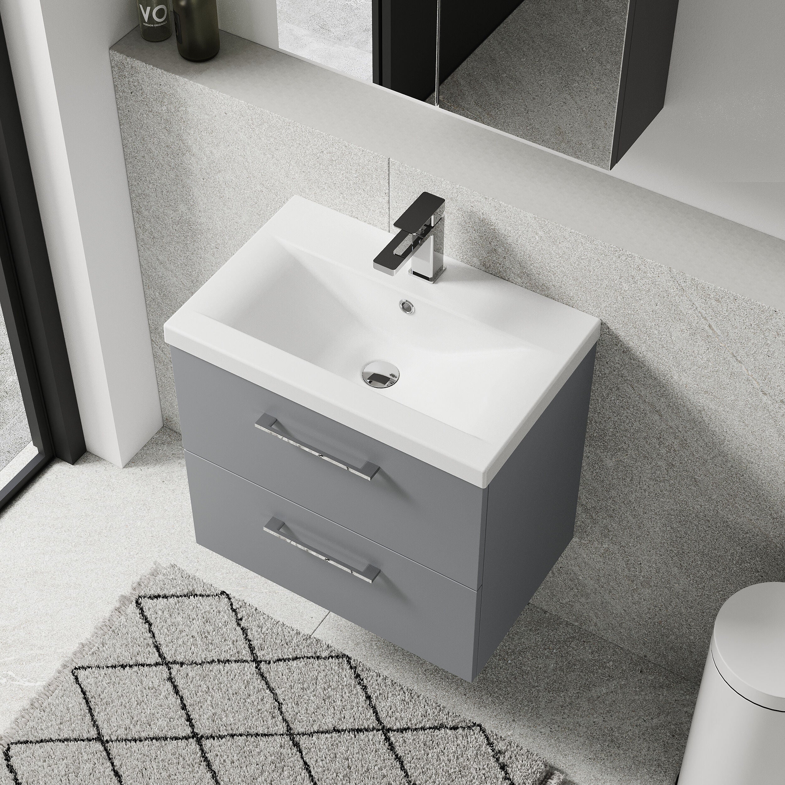 Wall Hung 2 Drawer Vanity Unit with Mid-Edge Ceramic Basin - Choice of Colour, Handle Finish and Size - Image 63