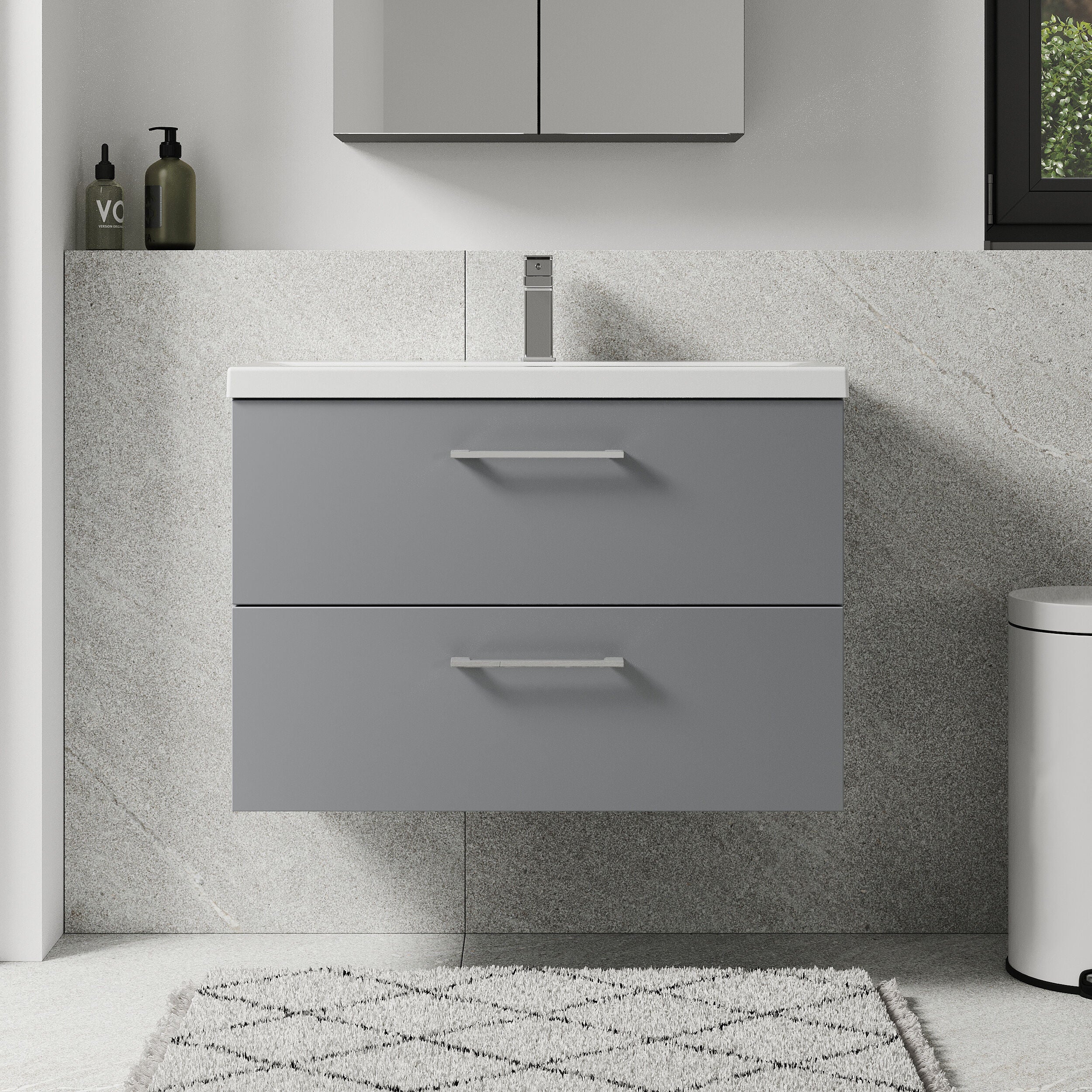 Wall Hung 2 Drawer Vanity Unit with Mid-Edge Ceramic Basin - Choice of Colour, Handle Finish and Size - Image 76