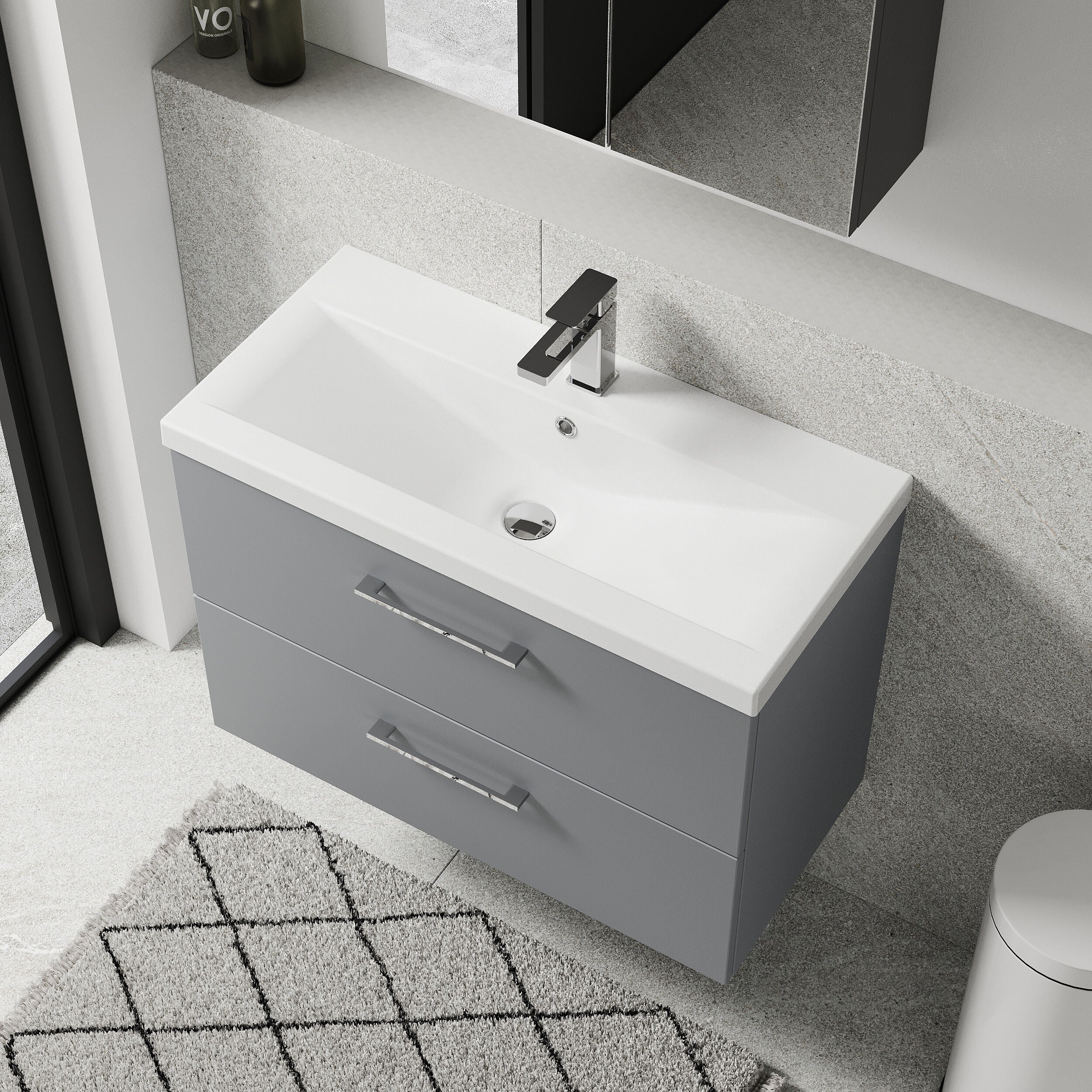 Wall Hung 2 Drawer Vanity Unit with Mid-Edge Ceramic Basin - Choice of Colour, Handle Finish and Size - Image 77